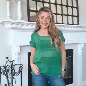 Odille Anthropologie Silk Green Stripe Pocket Top